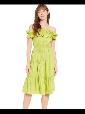 London Times Lime Green One-Shoulder Tiered Midi Dress